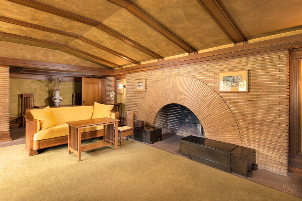 A sunburst fireplace in the Martin House A sunburst fireplace in the Martin House