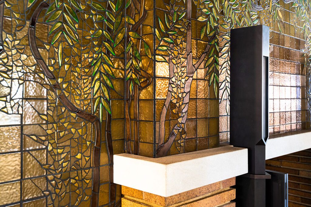 Wisteria-mosaic-tiles-up-close Wisteria Mosaic Tiles on Fireplace