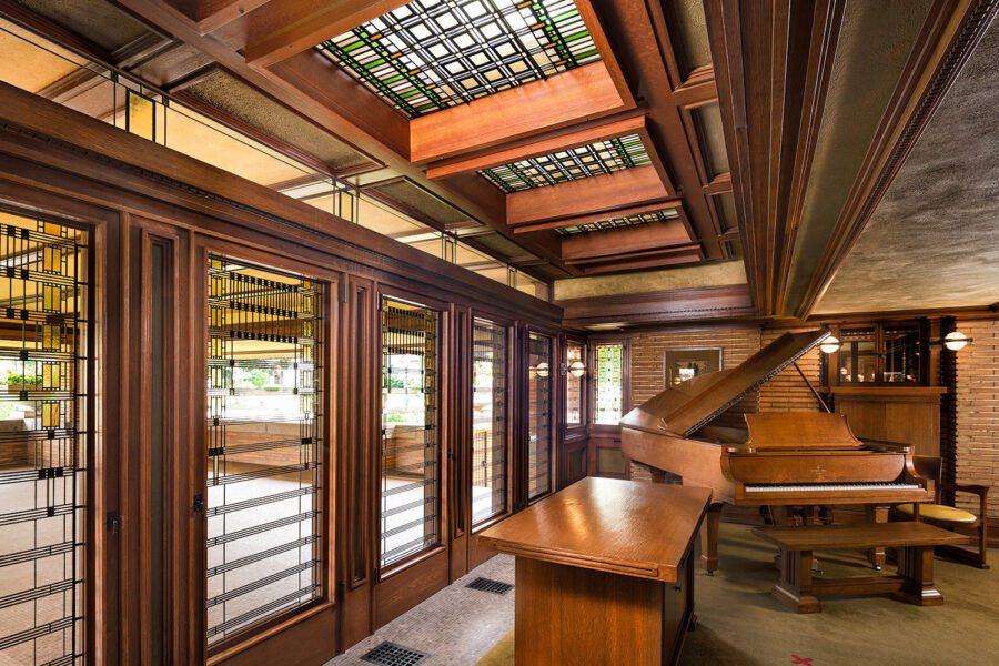 interior of the Martin House, including a grand piano